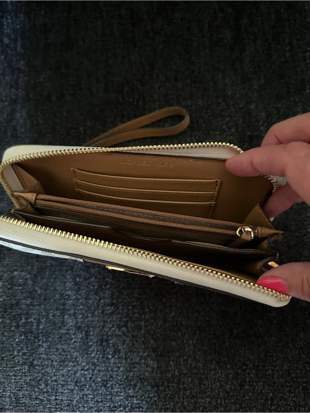Michael Kors Beige Logo Canvas Wristlet with Brown Center Panel